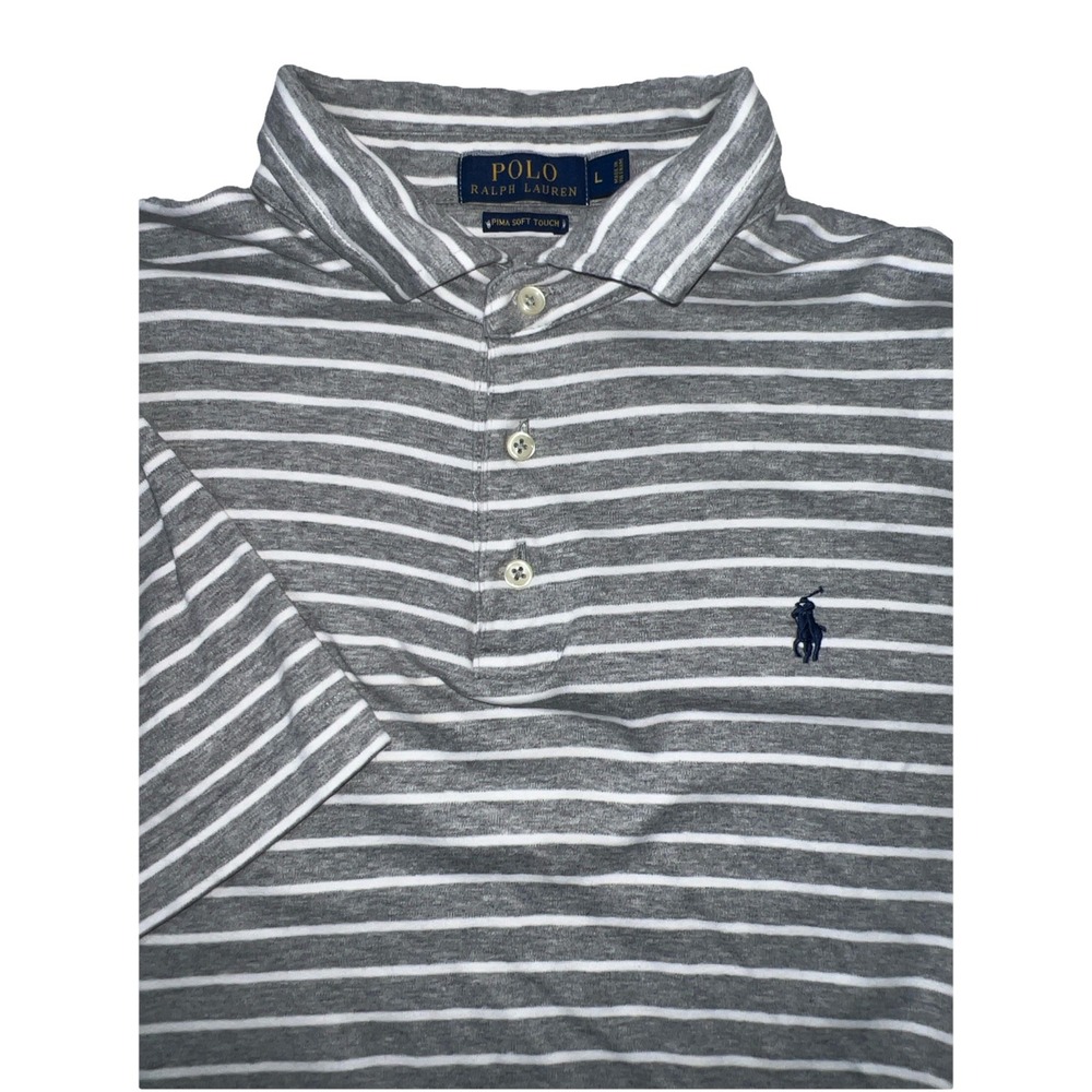Polo Ralph Lauren Shirt Mens Large, L Gray White Striped Pima Soft Touch‎ Polo